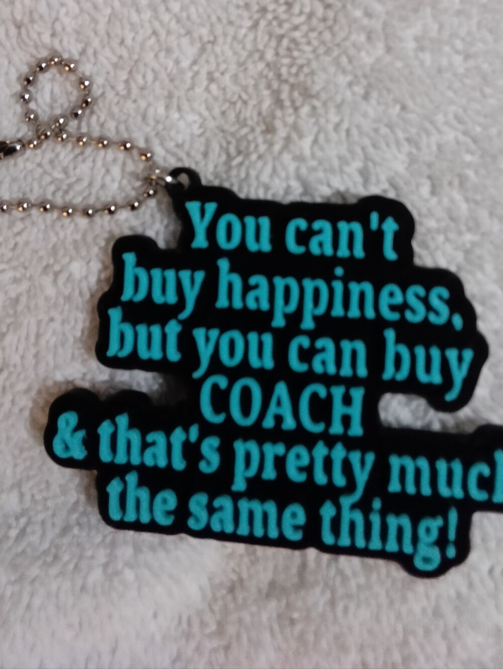 Keychain/Charm Tag in Black with Teal Text